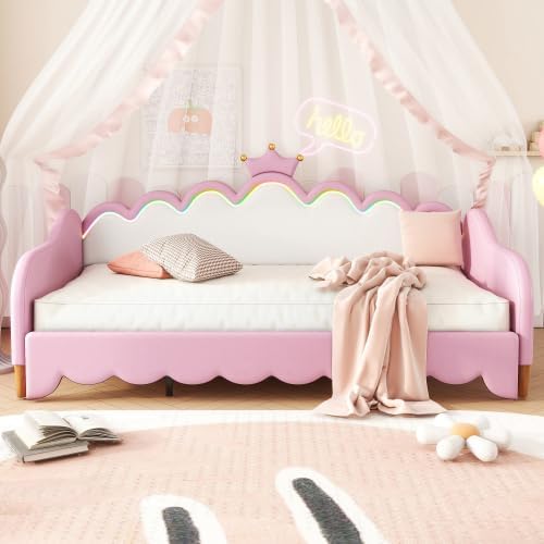 Twin Size Upholstered Daybed with Crown Headboard and LED Lights, Extending Daybed Princess Bed for Girls (Pink)