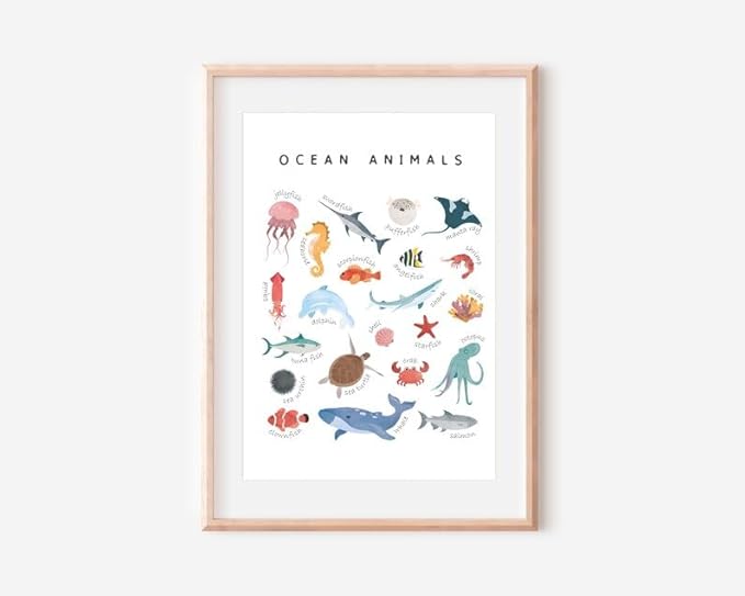 OZCONO Ocean Animals Learning Poster, Vibrant Sea Life Chart Kids, Preschool Wall Decor Art, Homeschool Education Guide (Unframed) (9x11)