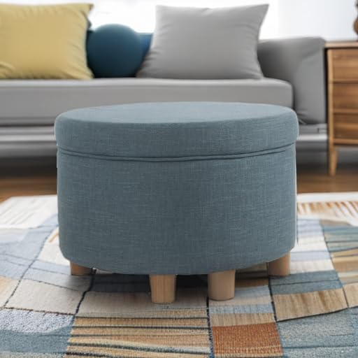 Homepop Home Decor | Upholstered Round Storage Ottoman | Ottoman with Storage for Living Room & Bedroom (Teal Linen) Large