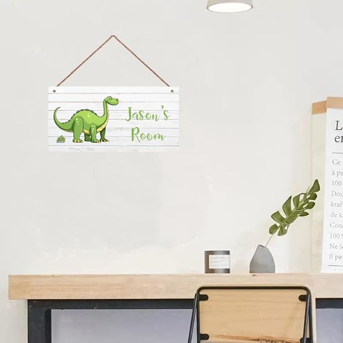 Personalized Dinosaur Sign, Cute Cartoon Art For Kids Room Custom Name Door Wall Decor, Floral Nursery Art Plate For Boys Room Girls Bedroom Little Man Cave