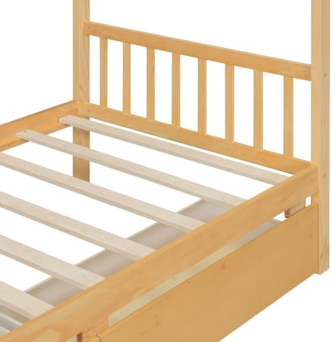 Harper & Bright Designs Twin Size House Bed with Two Drawers, Wooden Kids Twin Bed Frame with Storage, Roof Design, Natural