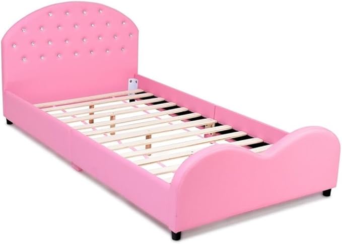 Pemberly Row Plywood PU Upholstered Platform Kids Princess Toddler Bed in Pink