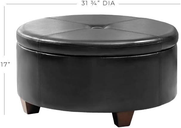Homepop Home Decor | Upholstered Faux Leather Large Tufted Round Storage Ottoman | Button Top Ottoman with Storage for Living Room & Bedroom | Decorative Home Furniture, Black