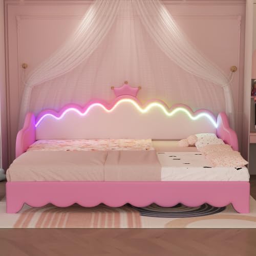 Twin Size Upholstered Daybed with Crown Headboard and LED Lights, Extending Daybed Princess Bed for Girls (Pink)
