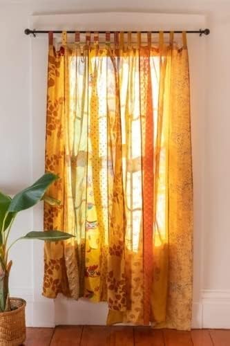 YILLE Boho Silk Sari Curtain Panel,1 Piece Vintage Handmade Lightweight Recycled Indian Silk Saree Window Drapes for Bohemian Living Room, Aesthetic Home Décor Wall Hanging - Yellow, 84 X 43 in
