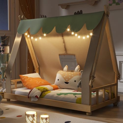 Twin House Bed for Kids with Light and Tent, Montessori Floor Bed Twin for Kids Girls Boys Teens Bedroom, White