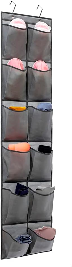 Hanging Storage Organizer Over the Door Shoes Organizer Kids Shoe Rack with 12 Large Fabric Pockets for Closet Shoe Holder Hanger (GREY)