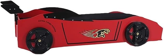 Pemberly Row Modern Woody Twin Race Car Bed with LED Headlights in Red