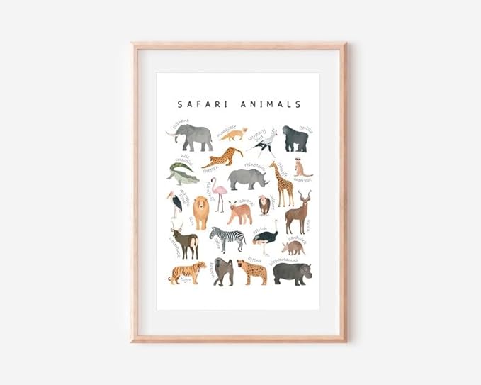 OZCONO Safari Animals Poster, Educational Jungle Chart for Kids, Playful Nursery Wall Decor, Montessori Learning, Homeschool Wildlife (Unframed) (27x40)