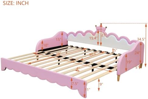 Twin Size Upholstered Daybed with Crown Headboard and LED Lights, Extending Daybed Princess Bed for Girls (Pink)