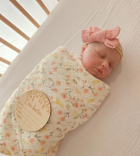 Little Jump Baby Muslin Swaddle Blankets for Girls, Newborn Swaddle Set with Matching Headband Bow, 47 x 47 inches Floral Print Hospital Home-Coming Baby Announcement Blanket.(Floral)