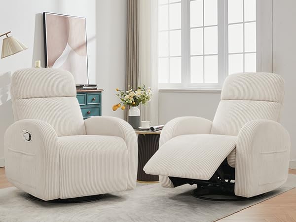 Swivel Recliner Rocker Nursery, Nursering Glider Recliner, Manual Swivel Rocking Reclining with Double Pockets for Living Room, Corduroy Cream White
