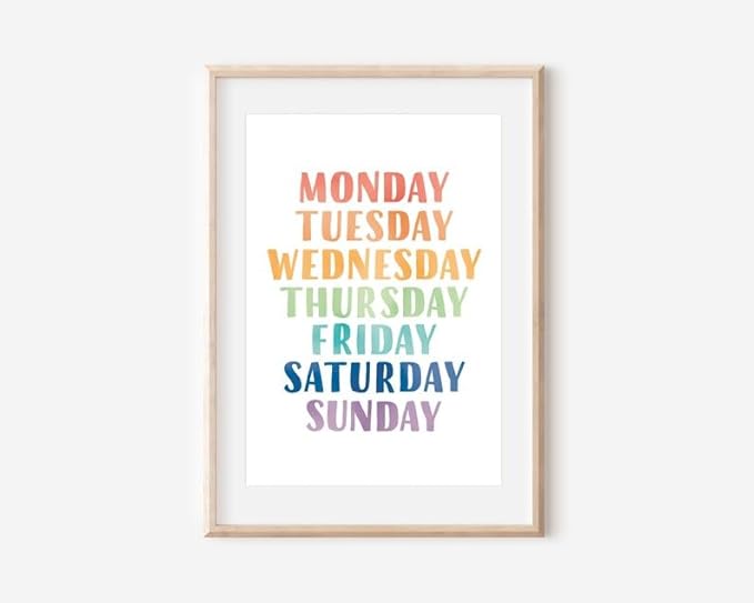 OZCONO Rainbow Days Week Poster, Colorful Learning Chart Kids, Preschool Wall Decor Art, Homeschool Education Guide (Unframed) (9x11)