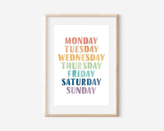 OZCONO Rainbow Days Week Poster, Colorful Learning Chart Kids, Preschool Wall Decor Art, Homeschool Education Guide (Unframed) (27x40)