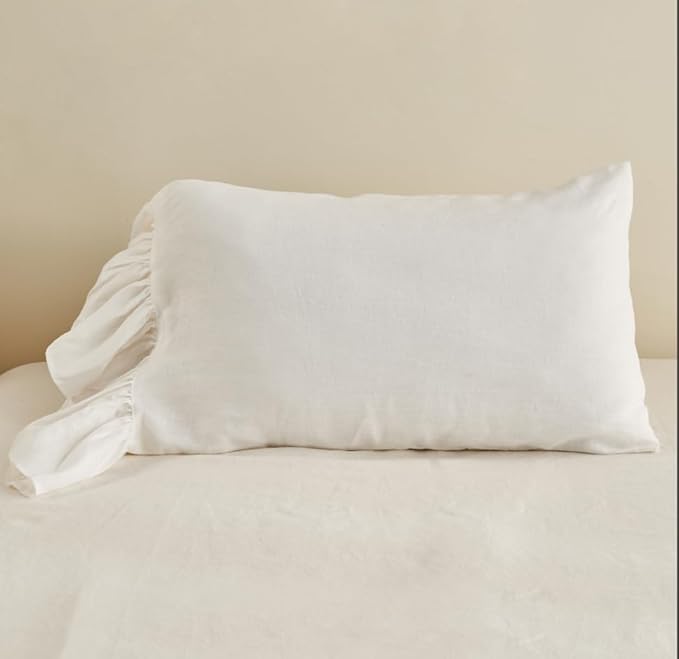 Ruffles Linen Pillowcase. Pure Flax Pillow Sham 100% French Linen Ruffled Pillow Cover, Standard, Queen, King Size 1 PCS (Twin, Ivory)