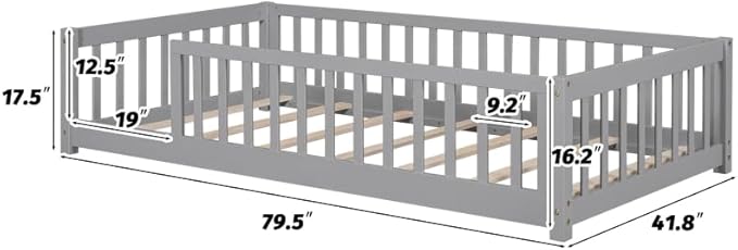 LLS Twin Floor Bed for Kids Solid Wood Montessori Bed Frame with Safety Guardrails Multifunctional Montessori Floor Bed for Toddlers, Without Door, Easy Assemble, Gray