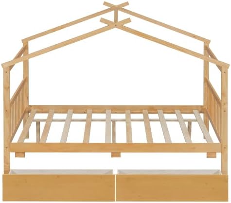 Full Size House Bed with 2 Drawers, Wooden Kids Full Bed Frame with Storage, Roof Design, Natural