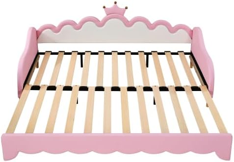 Twin Size Upholstered Daybed with Crown Headboard and LED Lights, Extending Daybed Princess Bed for Girls (Pink)