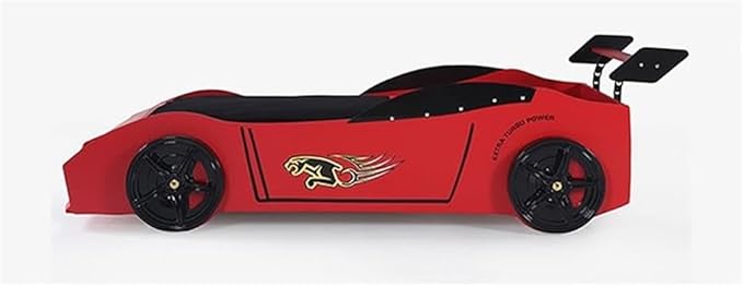 Pemberly Row Modern Woody Twin Race Car Bed with LED Headlights in Red