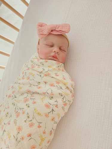 Little Jump Baby Muslin Swaddle Blankets for Girls, Newborn Swaddle Set with Matching Headband Bow, 47 x 47 inches Floral Print Hospital Home-Coming Baby Announcement Blanket.(Floral)