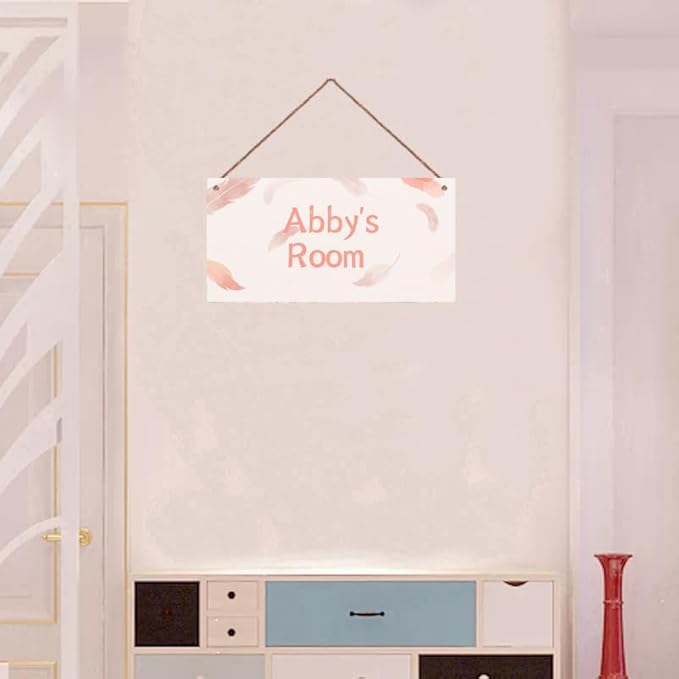 Personalized Feather Sign Pink Cartoon Themed For Kids Room Boys Bedroom Door Decor,Custom Name Wall Art Decor Decorative Plate for Nursery Little Man Cave