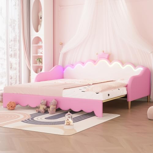 Twin Size Upholstered Daybed with Crown Headboard and LED Lights, Extending Daybed Princess Bed for Girls (Pink)