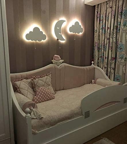 2X Cloud+1 Moon Wall Light, + Silver Star Stickers, Nursery Room Decor Wall Light Set of 3 Wooden Wall Light with LED, 100pcs Silver Star Wall Decals Gift!