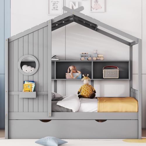 MERITLINE Kids House Bed with Trundle and Storage Shelf, Full Size Wooden Kids Montessori Bed Frame (Grey)