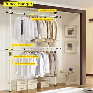 PRINCE HANGER Heavy Duty Adjustable Garment Rack – One Touch System for Easy Assembly, 352 LBS Load Capacity, Freestanding Metal Wardrobe Closet Rack Ivory (Width Adjustable, PHUS-0023)