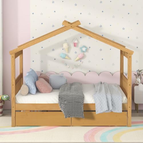 Full Size House Bed with 2 Drawers, Wooden Kids Full Bed Frame with Storage, Roof Design, Natural