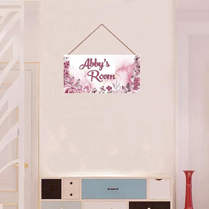 Personalized Pink Flower Floral Kids Room Door Sign Custom Name Boys Girls Bedroom Decor Wall Art Toddler Baby Nursery Wood Plaque