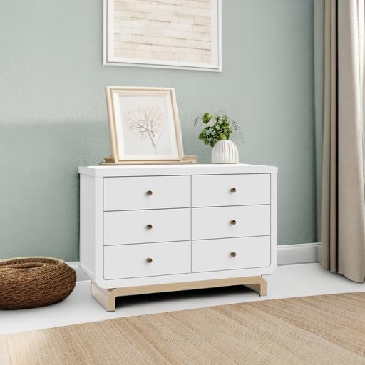 Storkcraft Santorini 6 Drawer Double Dresser (White with Driftwood) - GREENGUARD Gold Certified, Interlocking Drawer System, Dresser Drawer Organizer for Kids Bedroom