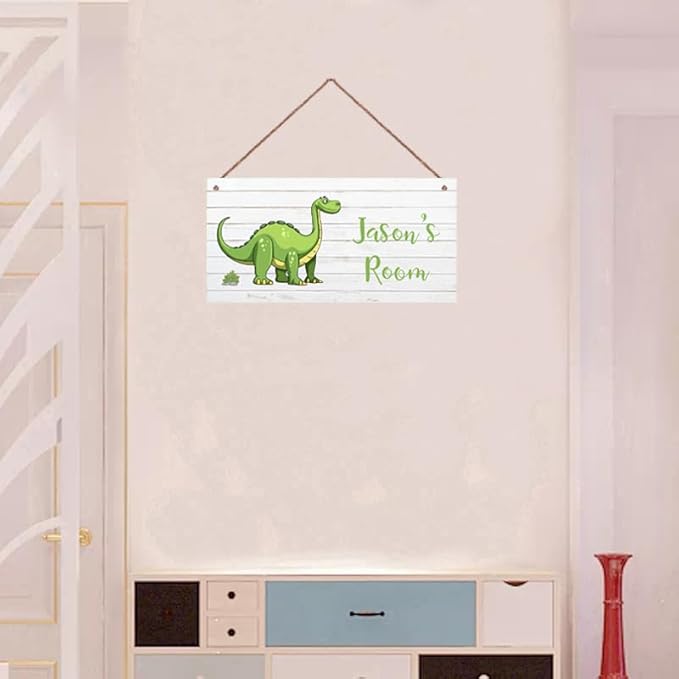 Personalized Dinosaur Sign, Cute Cartoon Art For Kids Room Custom Name Door Wall Decor, Floral Nursery Art Plate For Boys Room Girls Bedroom Little Man Cave
