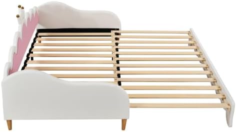 CITYLIGHT Twin Size Upholstered Daybed with Crown Headboard, Cute Bed Frame with LED, Extending Daybed Princess Bed for Girls (White)