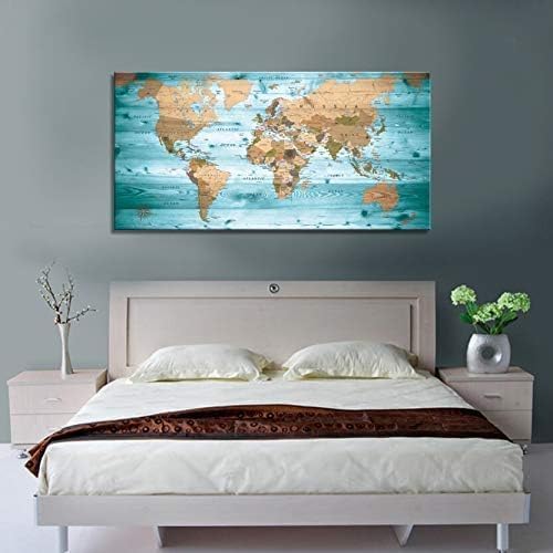Large Wall Art Blue map of The World Painting Ready to Hang 36"x70"Large Framed Wall Art World Map Canvas Map Decorations Artwork Prints