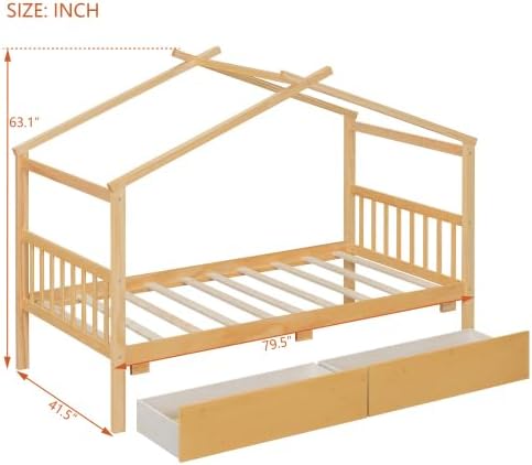 Harper & Bright Designs Twin Size House Bed with Two Drawers, Wooden Kids Twin Bed Frame with Storage, Roof Design, Natural