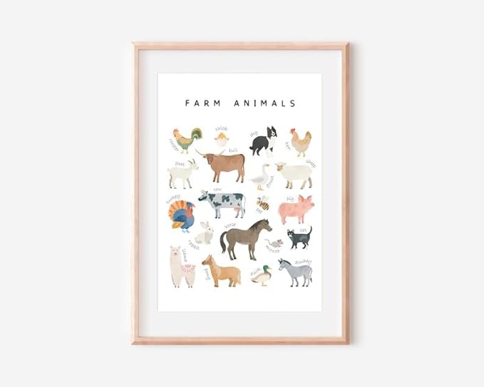 OZCONO Farm Animals Learning Poster, Vibrant Rural Wildlife Chart Kids, Playroom Wall Decor Art, Homeschool Education Guide (Unframed) (12x18)