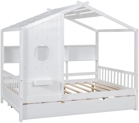 MERITLINE Kids House Bed with Trundle and Storage Shelf, Full Size Wooden Kids Montessori Bed Frame (White)