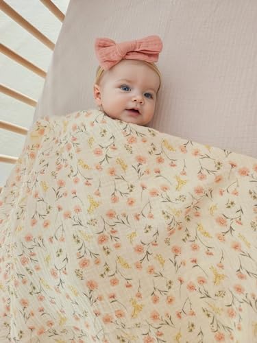 Little Jump Baby Muslin Swaddle Blankets for Girls, Newborn Swaddle Set with Matching Headband Bow, 47 x 47 inches Floral Print Hospital Home-Coming Baby Announcement Blanket.(Floral)