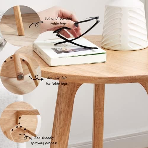 100% Solid Oak Round Side Table, Small Side Table for Small Spaces, 3-Legged Living Room End Tables Set of 2with Stable Frame for Bedroom Couch Side Entryway, Natural