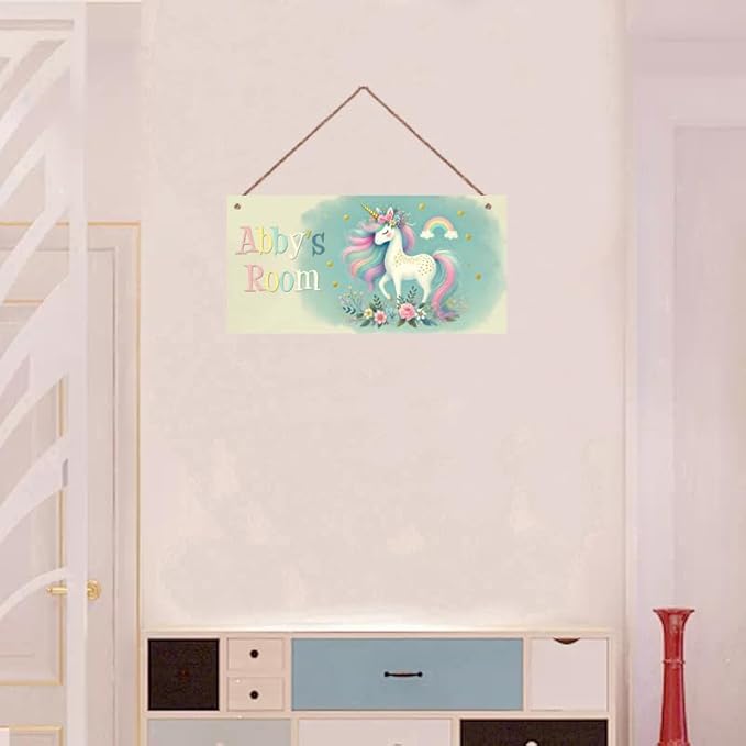 Personalized Unicorn Door Sign For Girls Bedroom Kids Nursery Wall Decor Custom Name Rainbow Art Wooden Plaque For Home Kitchen Garden Yard Wall Club Front Door Decor