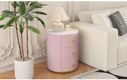 Bellemave Upholstered Nightstand with 3 Drawers, Round Bedside Table with Metal Handles, Velvet End Table, Marbling Stickers Top Nightstand (Pink)