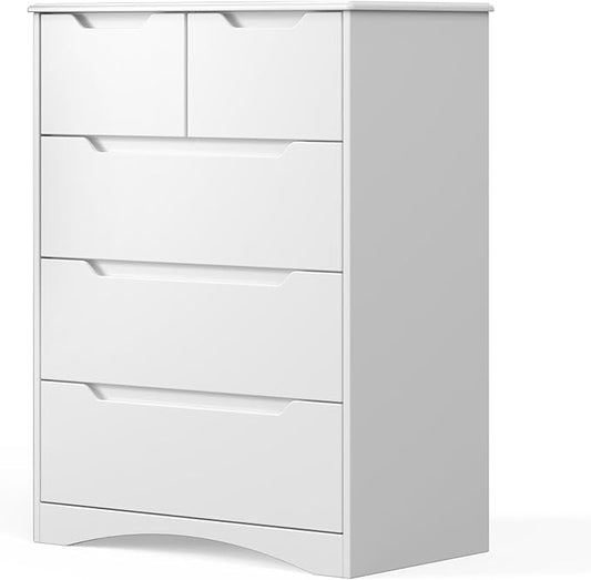 Gizoon 5 Drawers Chest, White Dresser for Bedroom with Large Storage Capacity, Chest of Drawers with Embedded Handle, Deep-Drawer Dresser for Closet with Anti-Tip Kit，for Hallway, Office, Living Room