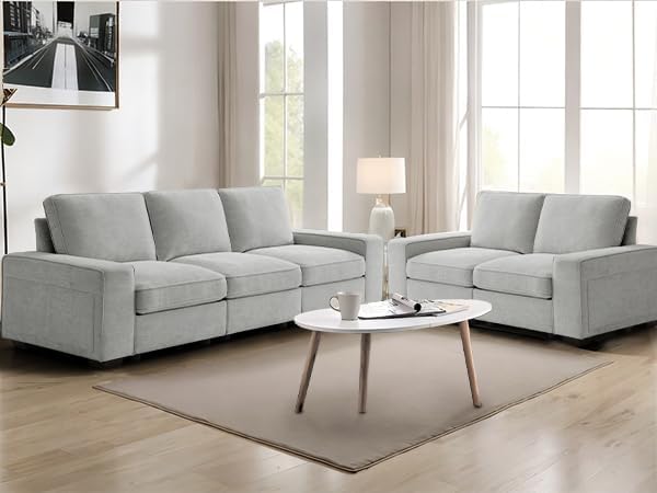 TEKAMON 128" Modular Sofa Couch with Seat Storage, Chenille Sofa，Modern Comfy 4-Seater Couch for Living Room, Office, Apart W/Deep Seat, Wide Armrest, USB, Pockets, Removable Covers (Light Grey)