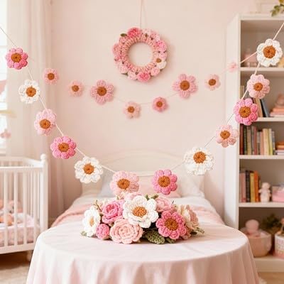 Boho Crochet Daisy Garland, Pink Flower Banner Garland Decoration, for Baby Girl Nursery Daisy Birthday Party Banner Baby Shower Decoration Hippie Groovy Decor
