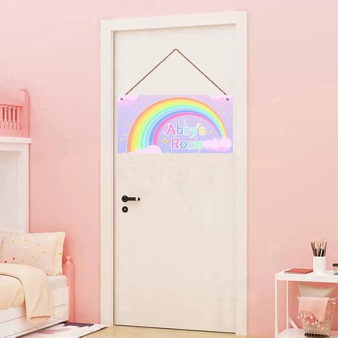 Personalized Cartoon Rianbow Sign For Kids Room Door Sign Custom Name Boys Room Girls Bedroom Decor Wall Art Toddler Nursery Wood Plaque For Little Man Cave
