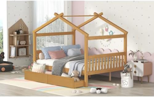 Full Size House Bed with 2 Drawers, Wooden Kids Full Bed Frame with Storage, Roof Design, Natural
