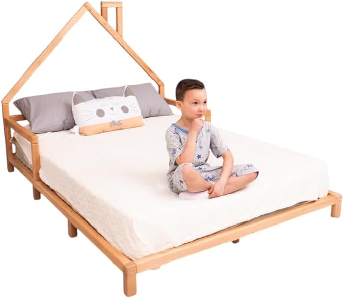 BUSY WOOD Montessori Bed for Toddlers - Twin Bed for Toddlers - Full Bed Floor - Bed with Rails - Montessori Bed - House Bed Frame - Montessori Full Size Bed Frame - Toddler Bed Queen (Model 3)
