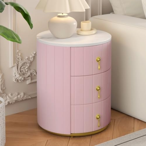 Bellemave Upholstered Nightstand with 3 Drawers, Round Bedside Table with Metal Handles, Velvet End Table, Marbling Stickers Top Nightstand (Pink)