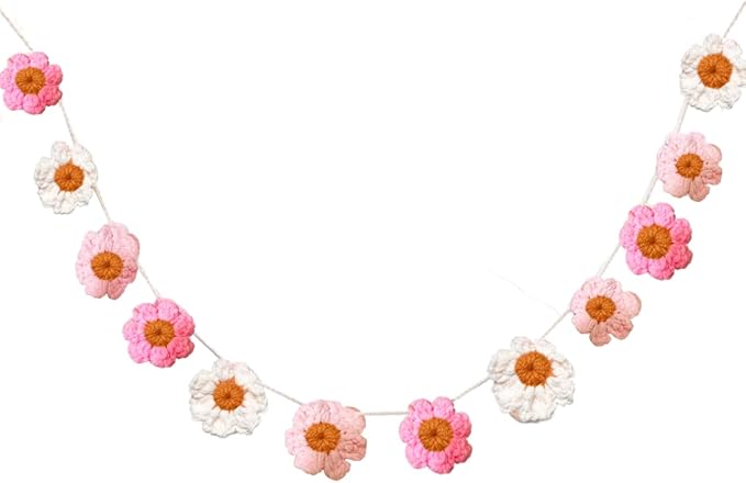 Boho Crochet Daisy Garland, Pink Flower Banner Garland Decoration, for Baby Girl Nursery Daisy Birthday Party Banner Baby Shower Decoration Hippie Groovy Decor